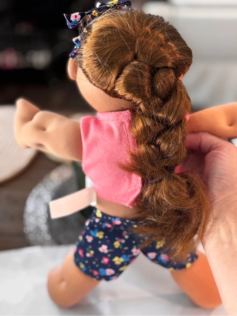 Plush Cabbage Patch Kids Baby Doll with Pink Top and Navy Floral Outfit